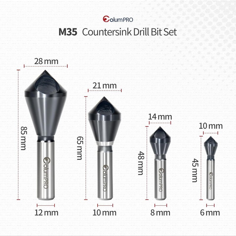 ColumPRO 4PCS Cobalt Single-End Countersink Chamfer Tool Set - Heavy-Duty M35 90-Degree Countersink Bits for Metal, Stainless Steel, Copper, Wood, Fiberboard,SAE 1/4"-3/4", 2-5, 5-10, 10-15, 15-20MM - Image 2